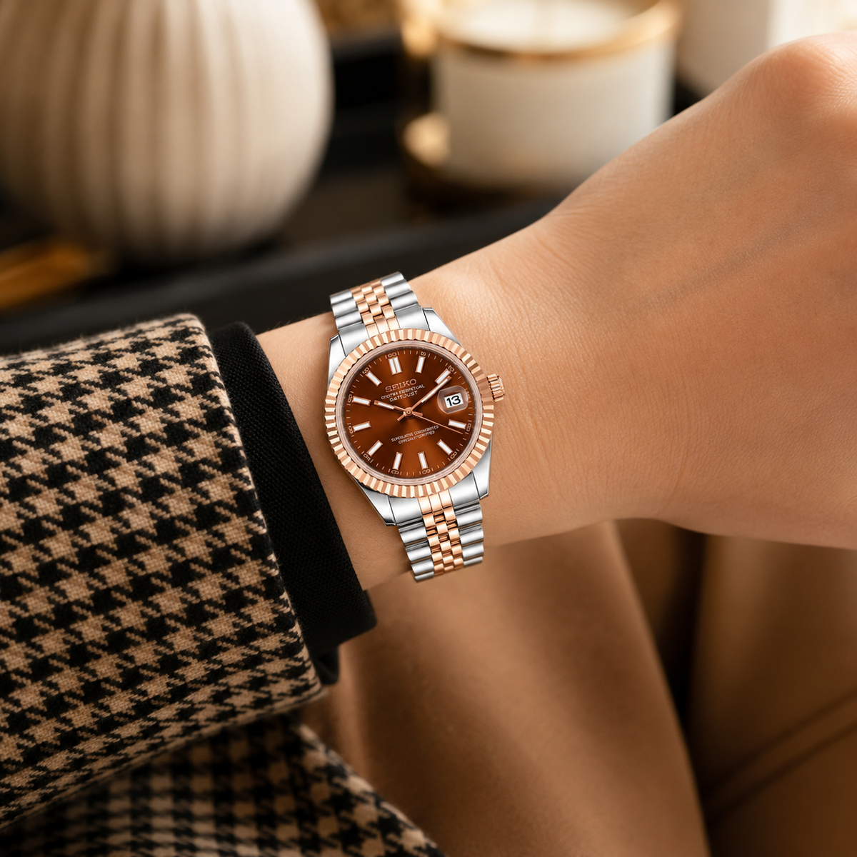 Seiko Ladyjust Rose Chocolate Baton Dial by CrownLab — additional view of the case and finish