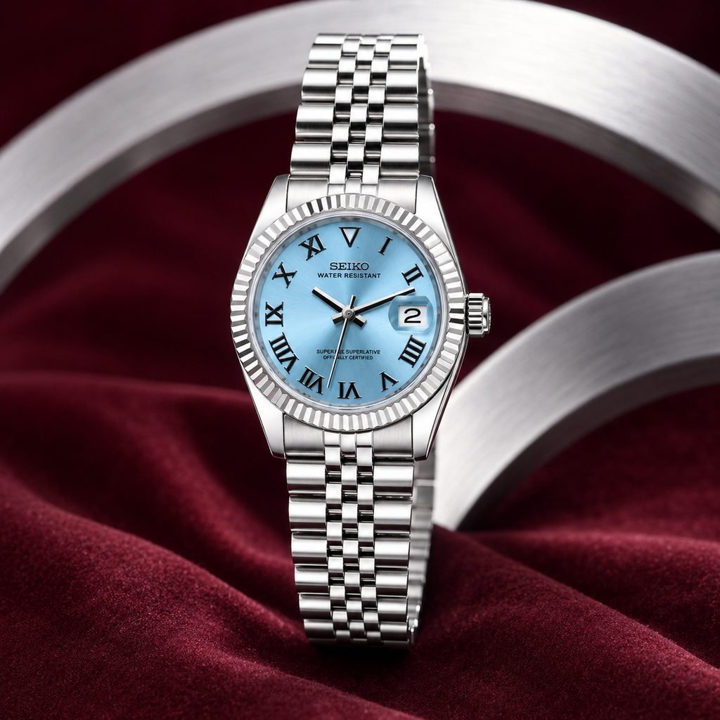 Seiko Ladyjust Ice Blue Roman Dial by CrownLab — additional view of the dial and bracelet