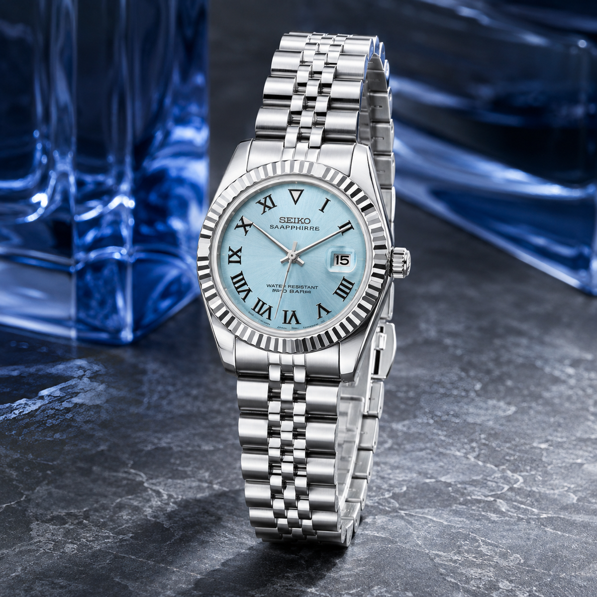 Seiko Ladyjust Glacier Blue Roman Dial by CrownLab — additional view of the dial and bracelet