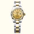 A two-tone stainless steel and gold Oyster Perpetual Datejust watch with a gold dial, diamond hour markers, and a fluted gold bezel, shown on a plain white background.