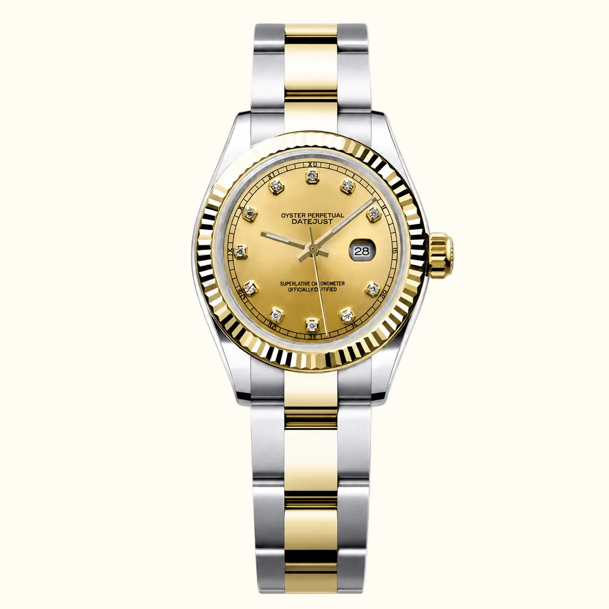A two-tone stainless steel and gold Oyster Perpetual Datejust watch with a gold dial, diamond hour markers, and a fluted gold bezel, shown on a plain white background.