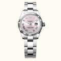 Oyster Perpetual Datejust watch with a silver stainless steel bracelet and case, featuring a pink dial with Roman numerals and a date window at 3 o'clock.