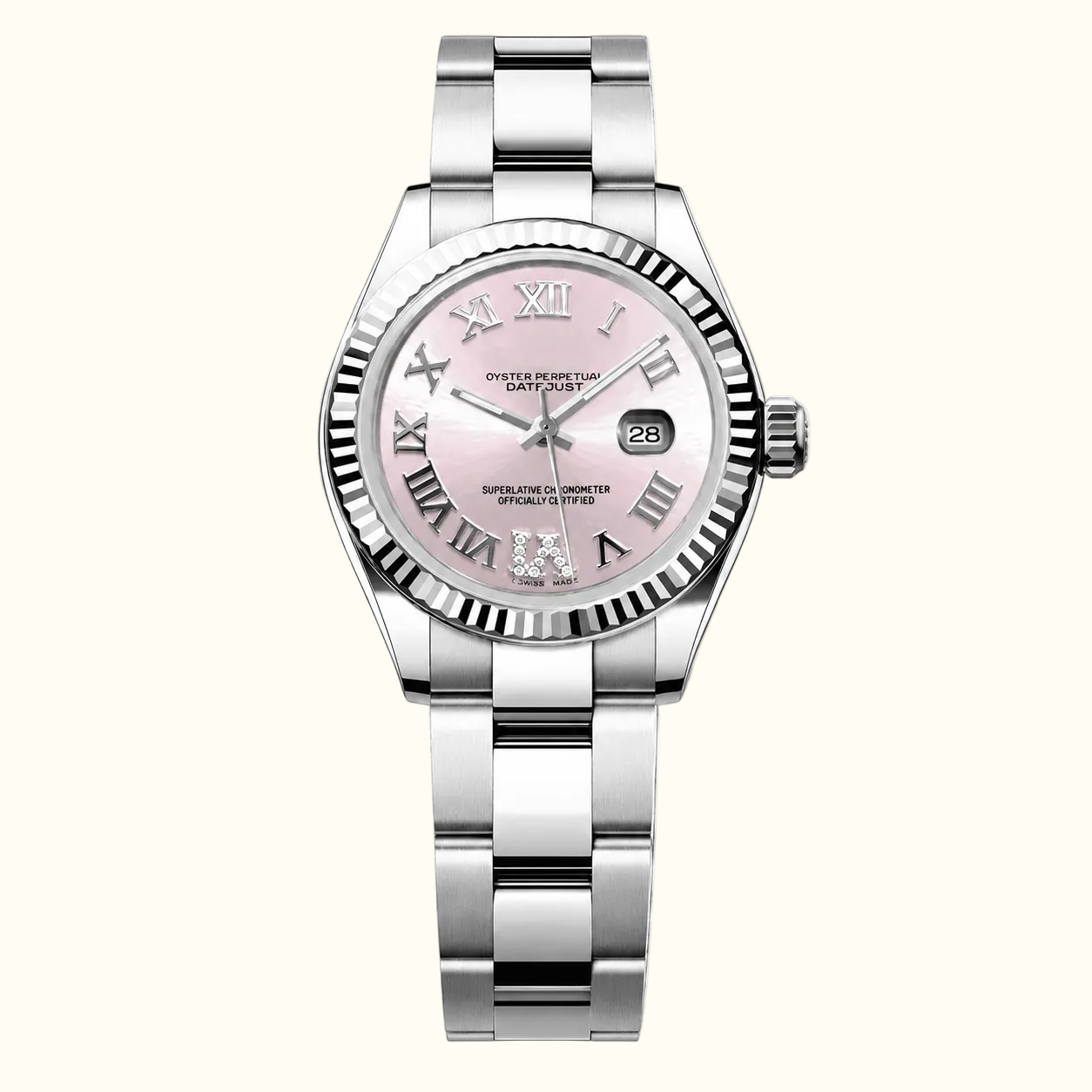 Oyster Perpetual Datejust watch with a silver stainless steel bracelet and case, featuring a pink dial with Roman numerals and a date window at 3 o'clock.