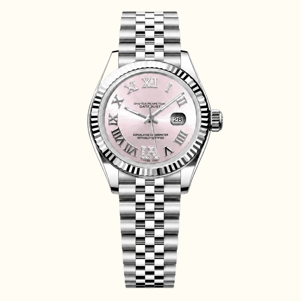 Perpetual Datejust watch with a silver stainless steel link bracelet, fluted bezel, and a pink mother-of-pearl dial with silver Roman numerals.