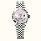 Perpetual Datejust watch with a silver stainless steel link bracelet, fluted bezel, and a pink mother-of-pearl dial with silver Roman numerals.