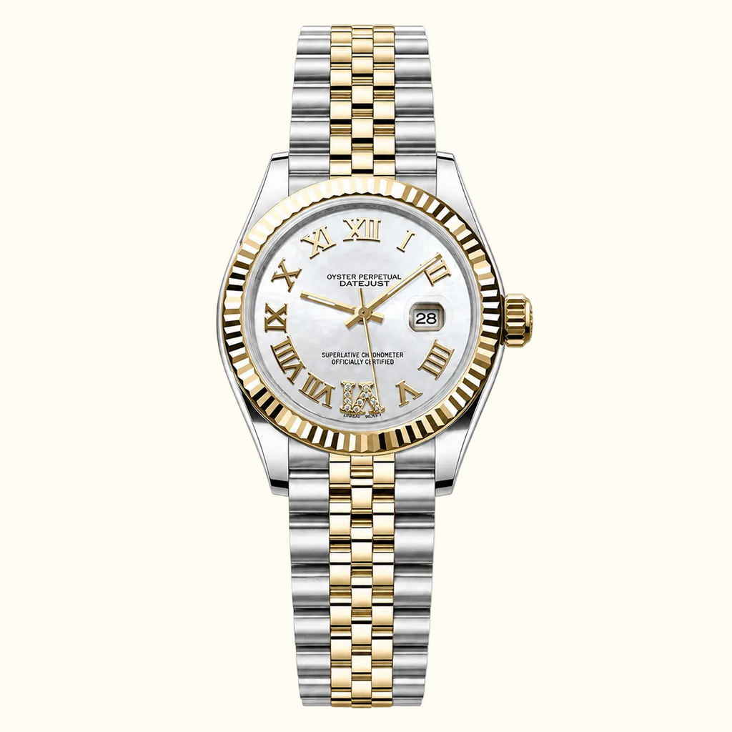 Jubilee Perpetual Lady Dior watch by Dior, featuring a two-tone silver and gold stainless steel case and link bracelet, a white dial with gold Roman numerals, and a date window at 3 o'clock.