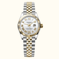 Jubilee Perpetual Lady Dior watch by Dior, featuring a two-tone silver and gold stainless steel case and link bracelet, a white dial with gold Roman numerals, and a date window at 3 o'clock.