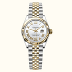 Jubilee Perpetual Lady Dior watch by Dior, featuring a two-tone silver and gold stainless steel case and link bracelet, a white dial with gold Roman numerals, and a date window at 3 o'clock.