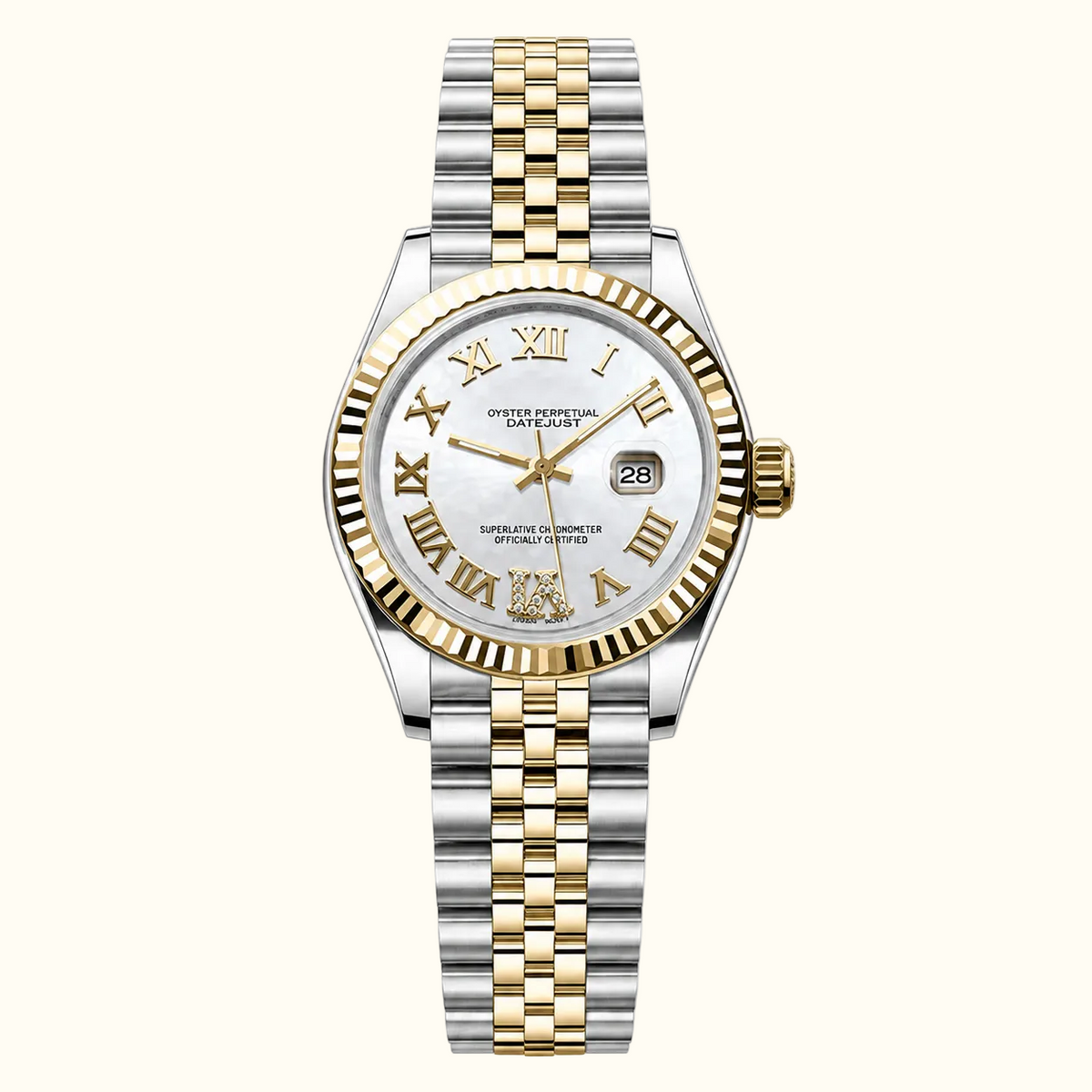 Crownline Date – White Roman Two-Tone by CrownLab: two-tone steel and gold case and link bracelet, white dial with gold Roman numerals and a date window at three.