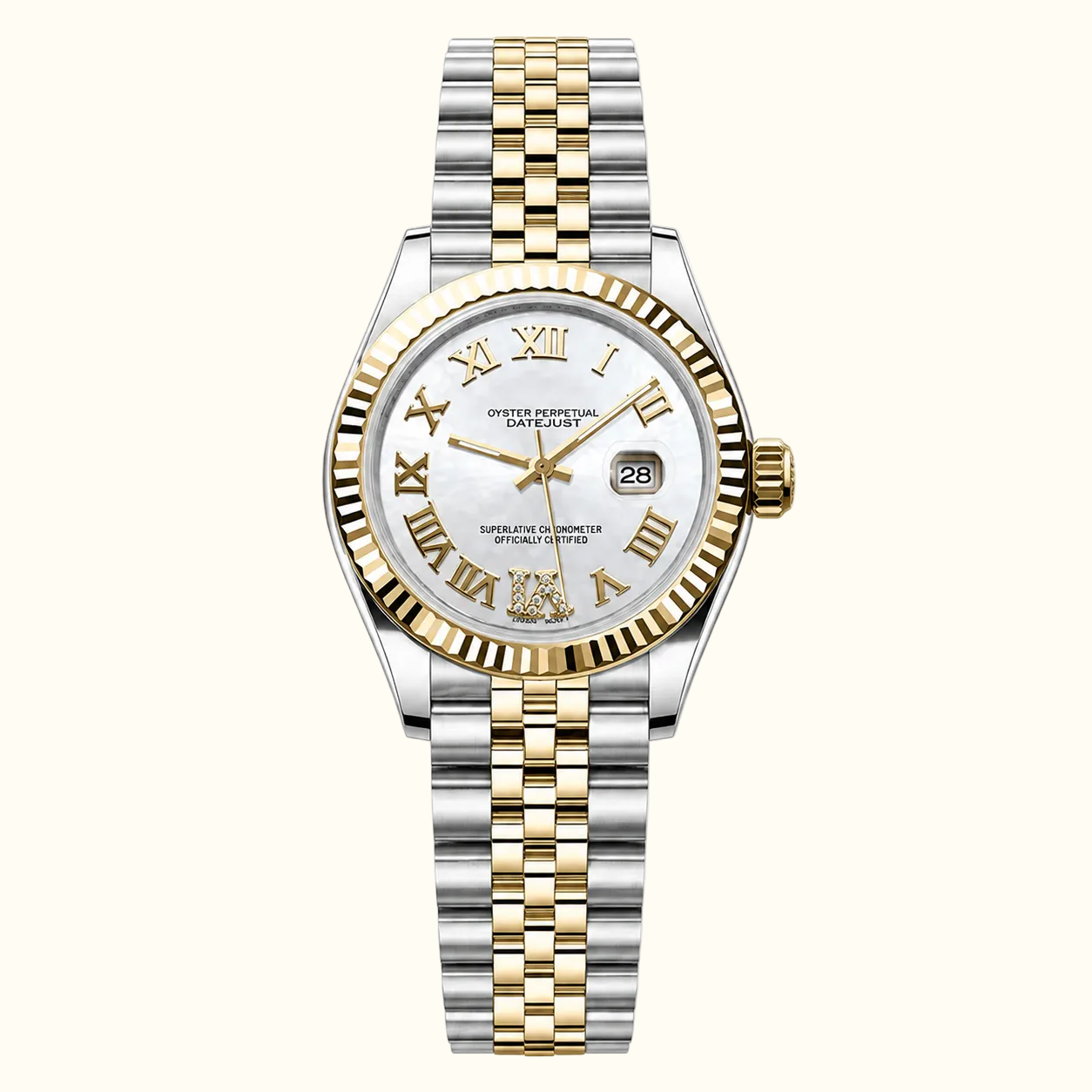 Jubilee Perpetual Lady Dior watch by Dior, featuring a two-tone silver and gold stainless steel case and link bracelet, a white dial with gold Roman numerals, and a date window at 3 o'clock.