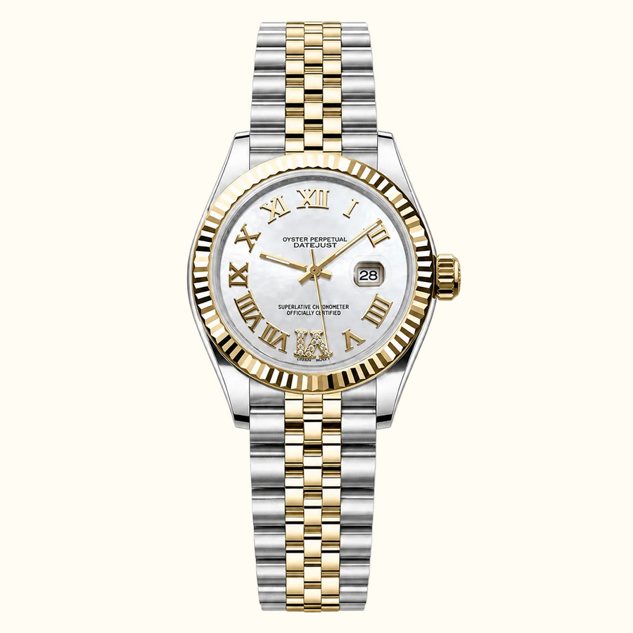 Crownline Date – White Roman Two-Tone by CrownLab: two-tone steel and gold case and link bracelet, white dial with gold Roman numerals and a date window at three.