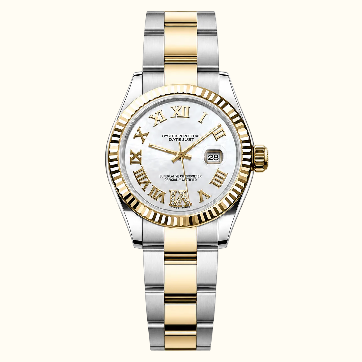 A two-tone stainless steel and gold wristwatch with a white dial, Roman numeral hour markers, a fluted gold-tone bezel, and an Oyster Perpetual Laurel Coast automatic crown.