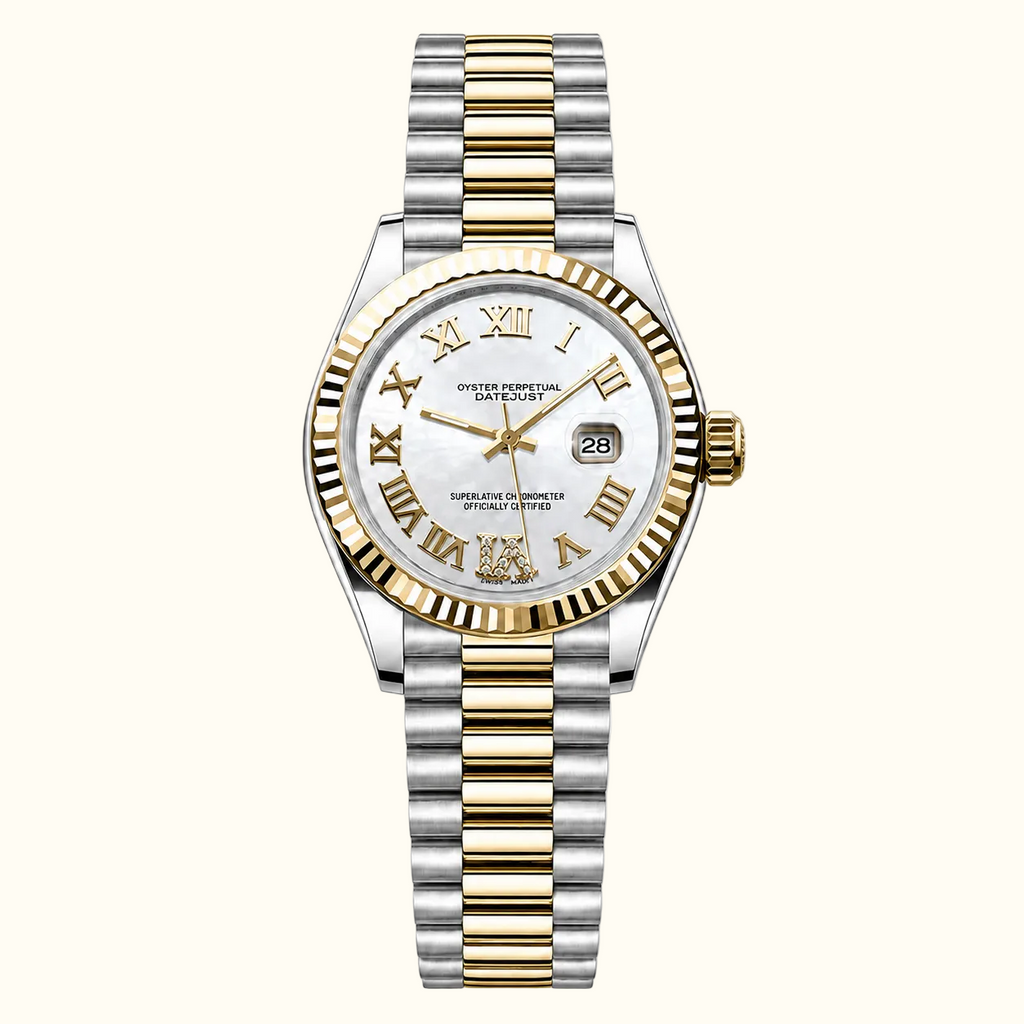 president Perpetual Lady Elusive automatic watch by Rolex featuring a two-tone stainless steel and gold bracelet, a fluted gold-tone bezel, and a white dial with gold Roman numerals.