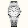 A luxury stainless steel wristwatch with a white dial, a bezel encrusted with clear crystals, and a matching steel link bracelet, shown against a plain white background.