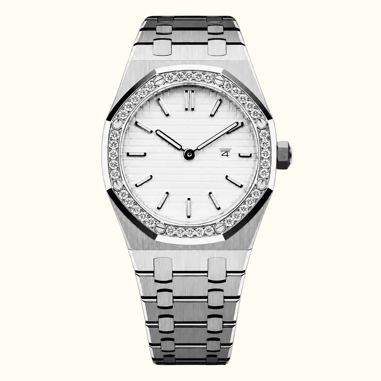 A luxury stainless steel wristwatch with a white dial, a bezel encrusted with clear crystals, and a matching steel link bracelet, shown against a plain white background.