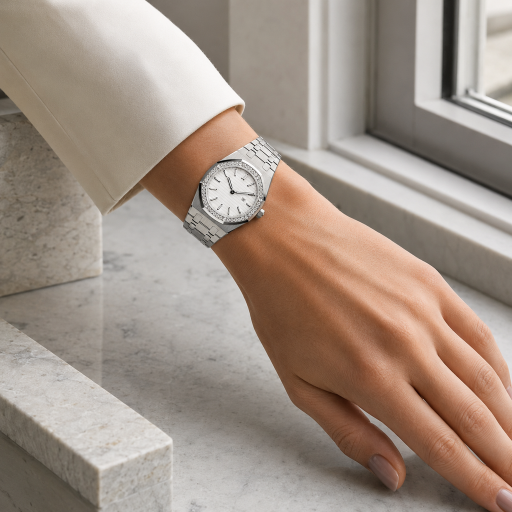 A silver-toned metal wristwatch with a white dial and matching metal bracelet, worn on a person's wrist resting on a light marble surface near a window.