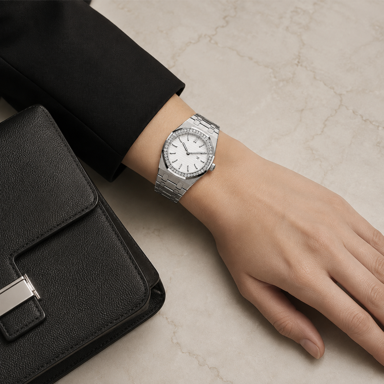A silver-toned metal watch with a white dial and matching metal link bracelet worn on a person's wrist, shown next to a black leather clutch on a light beige marble surface.
