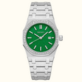 A Seiko women's watch featuring a silver stainless steel octagonal case encrusted with clear crystals, a vibrant green textured dial with silver-tone hands and indices, and a matching silver steel link bracelet.