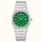 A Seiko women's watch featuring a silver stainless steel octagonal case encrusted with clear crystals, a vibrant green textured dial with silver-tone hands and indices, and a matching silver steel link bracelet.