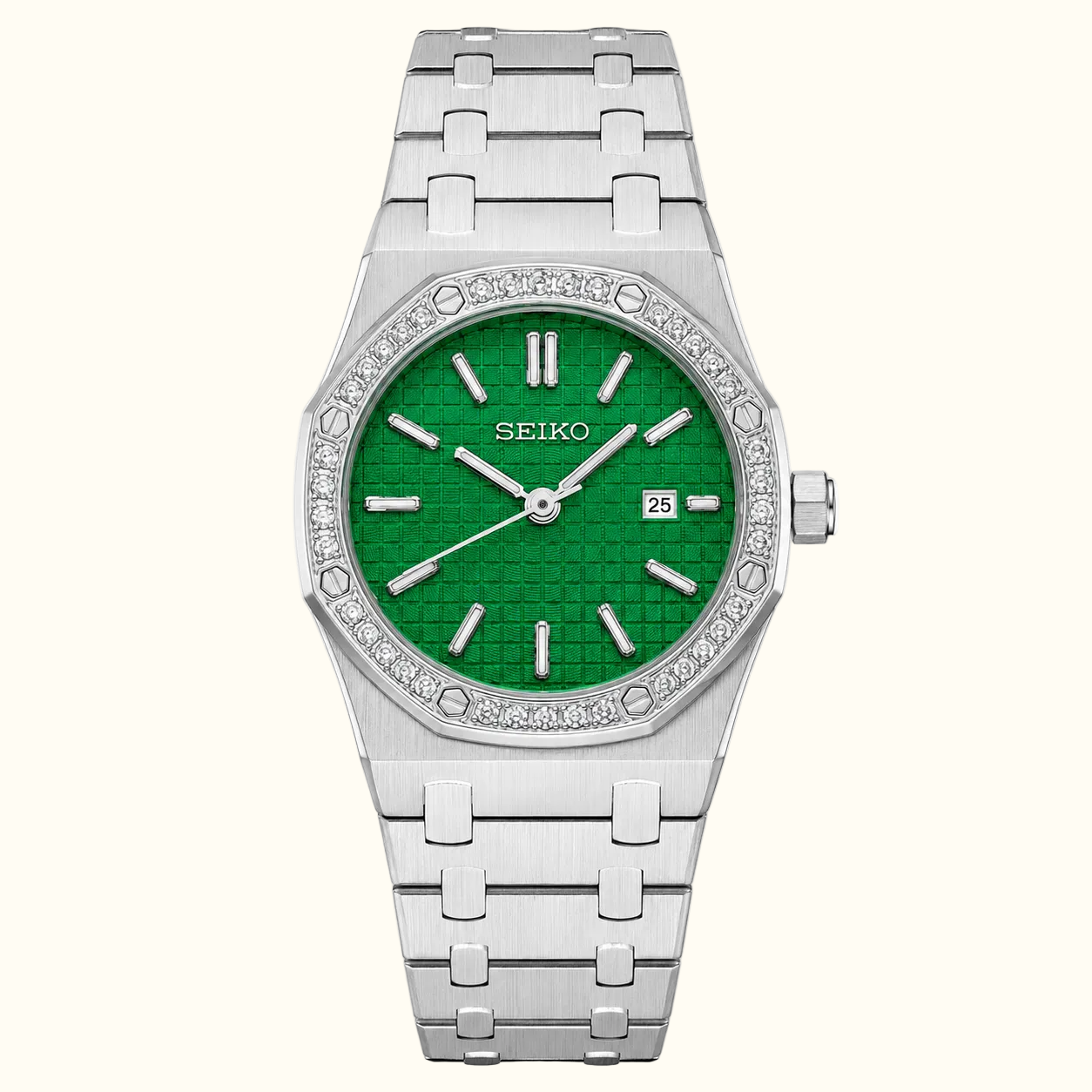 A Seiko women's watch featuring a silver stainless steel octagonal case encrusted with clear crystals, a vibrant green textured dial with silver-tone hands and indices, and a matching silver steel link bracelet.