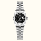 A Seiko women's wristwatch with a silver stainless steel link bracelet, a fluted bezel, and a black dial with Roman numeral hour markers and a date window.