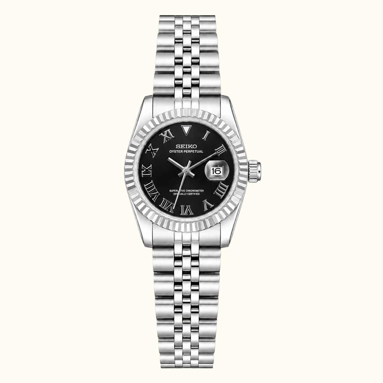 A Seiko women's wristwatch with a silver stainless steel link bracelet, a fluted bezel, and a black dial with Roman numeral hour markers and a date window.