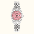 A Seiko women's watch featuring a silver-tone stainless steel Jubilee bracelet, a fluted bezel, and a pink dial with crystal hour markers.