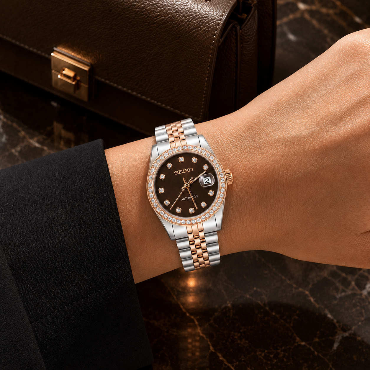 A wrist wearing a Seiko stainless steel and rose gold watch with a diamond bezel and black dial, shown against a dark marble surface with a brown leather bag in the background.