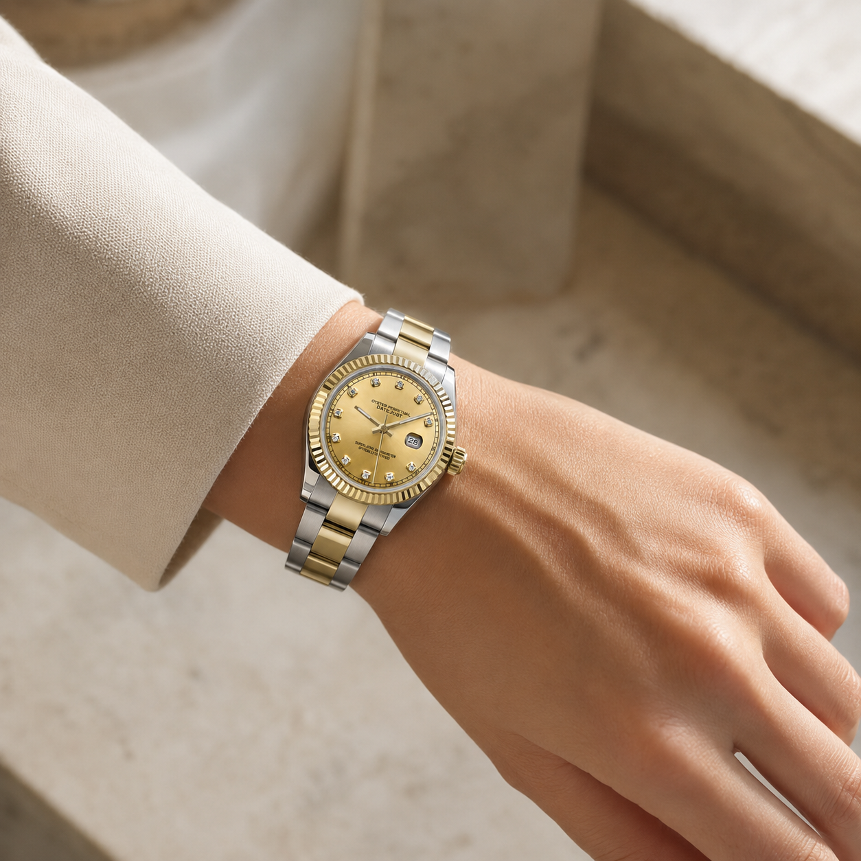 A two-tone gold and silver wristwatch with a gold dial and fluted bezel, worn on a person's wrist against a soft beige architectural background.