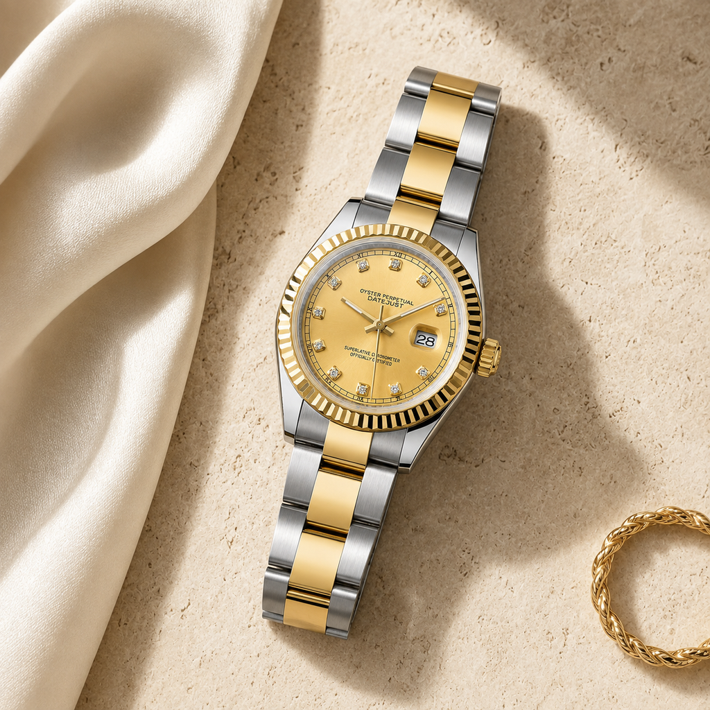 A two-tone stainless steel and gold wristwatch with a gold dial and fluted bezel, styled on a textured beige surface next to draped cream satin fabric and a gold chain bracelet.