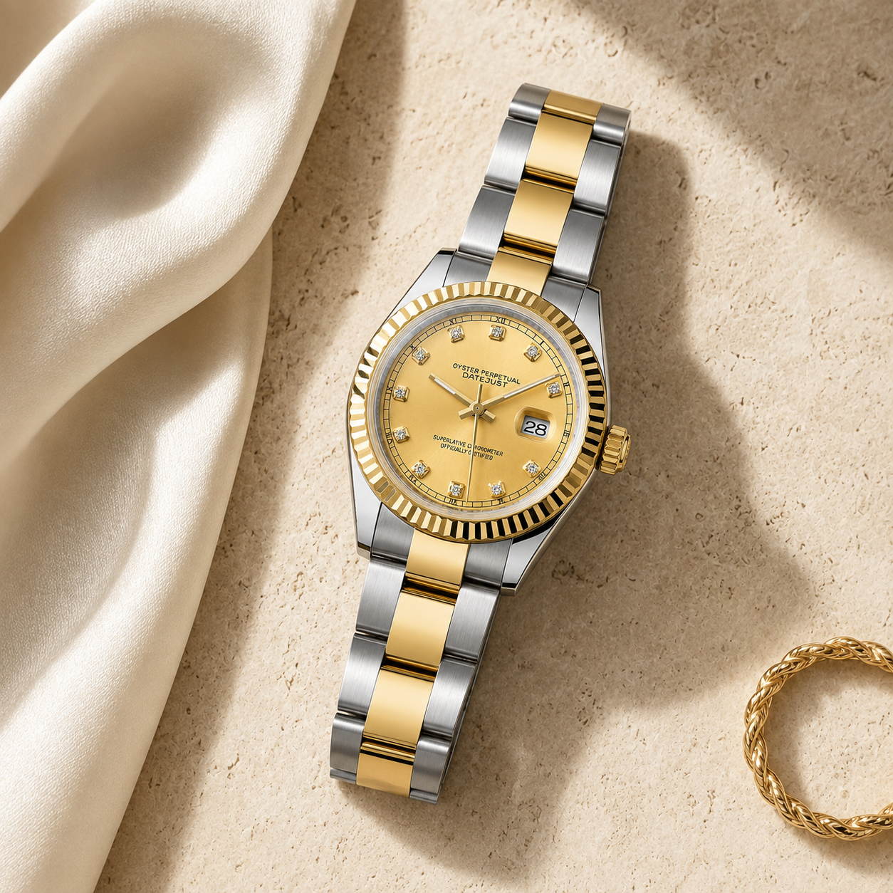 A two-tone stainless steel and gold wristwatch with a gold dial and fluted bezel, styled on a textured beige surface next to draped cream satin fabric and a gold chain bracelet.