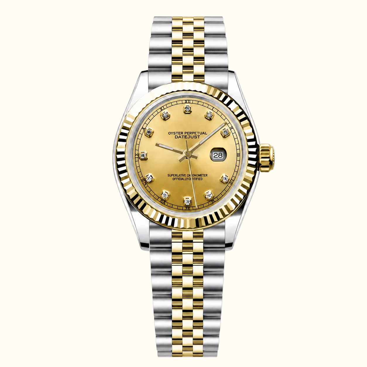 Oyster Perpetual Datejust watch with a gold dial, gold fluted bezel, and a two-tone silver and gold Oyster bracelet, shown on a solid white background.