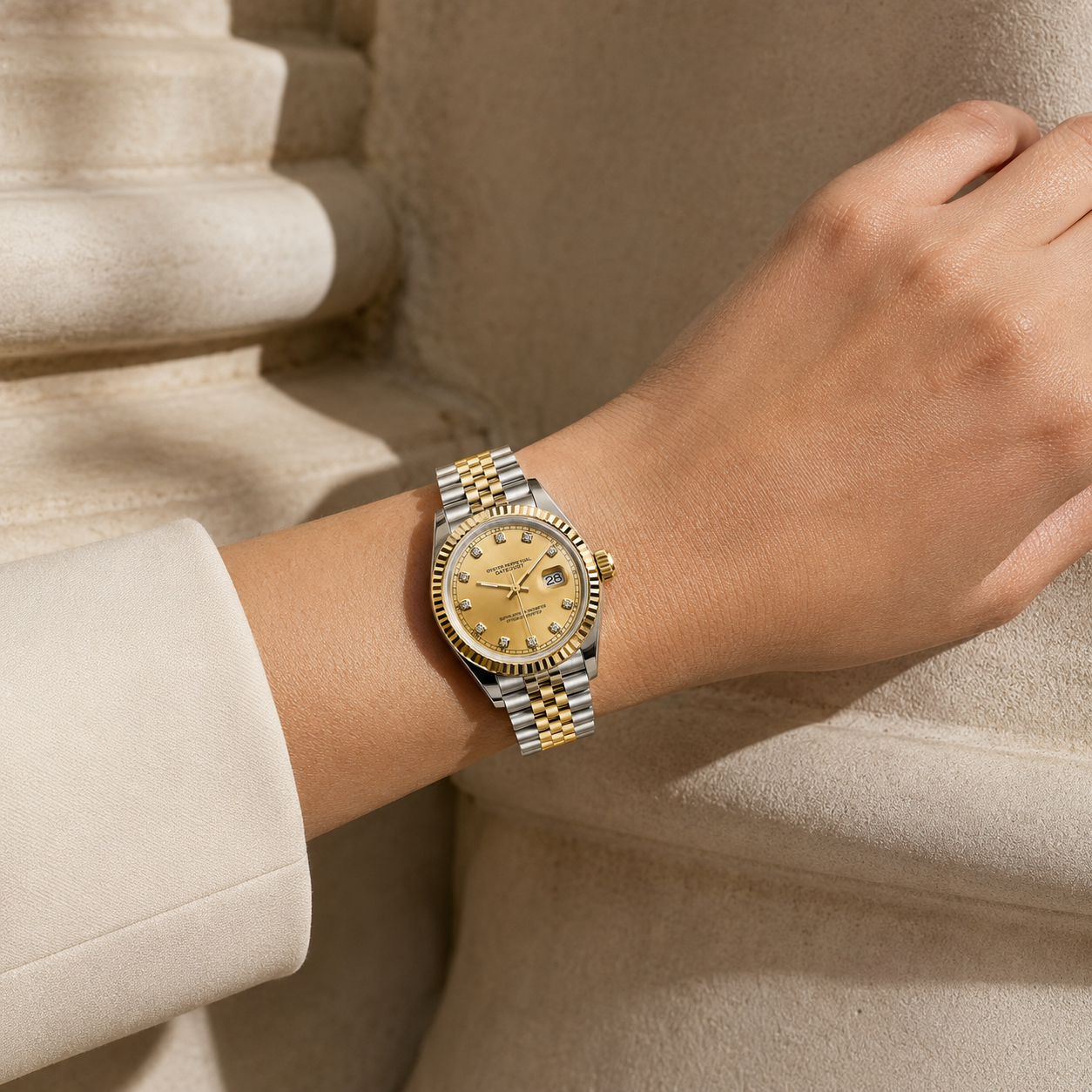 A two-tone gold and silver wristwatch with a gold dial and bezel, worn on a woman's wrist. The watch has a gold-tone bezel, gold-tone hour markers and hands, and a two-tone stainless steel and gold-tone link bracelet.