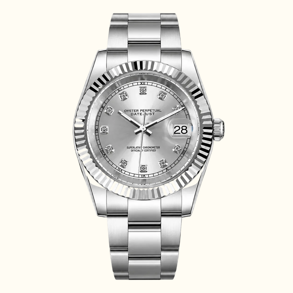  Oyster Perpetual Datejust stainless steel watch with a silver dial, fluted bezel, and matching steel link bracelet, shown against a solid black background.