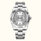  Oyster Perpetual Datejust stainless steel watch with a silver dial, fluted bezel, and matching steel link bracelet, shown against a solid black background.