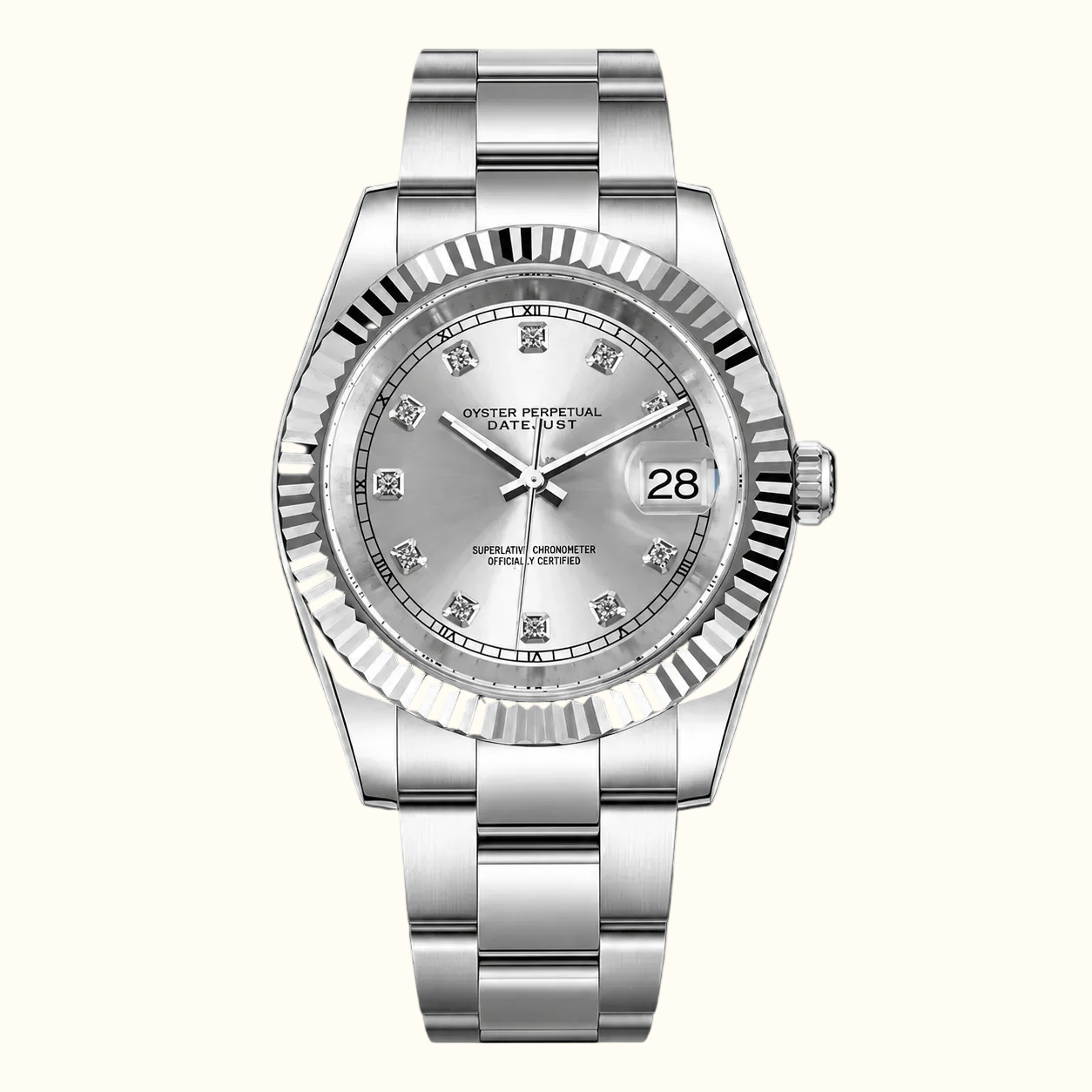  Oyster Perpetual Datejust stainless steel watch with a silver dial, fluted bezel, and matching steel link bracelet, shown against a solid black background.