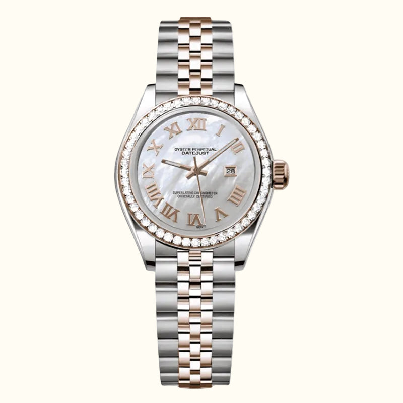  women's Day-Date watch with a two-tone stainless steel and rose gold Oyster bracelet, a white mother-of-pearl dial with Roman numerals, and a bezel set with clear crystals.
