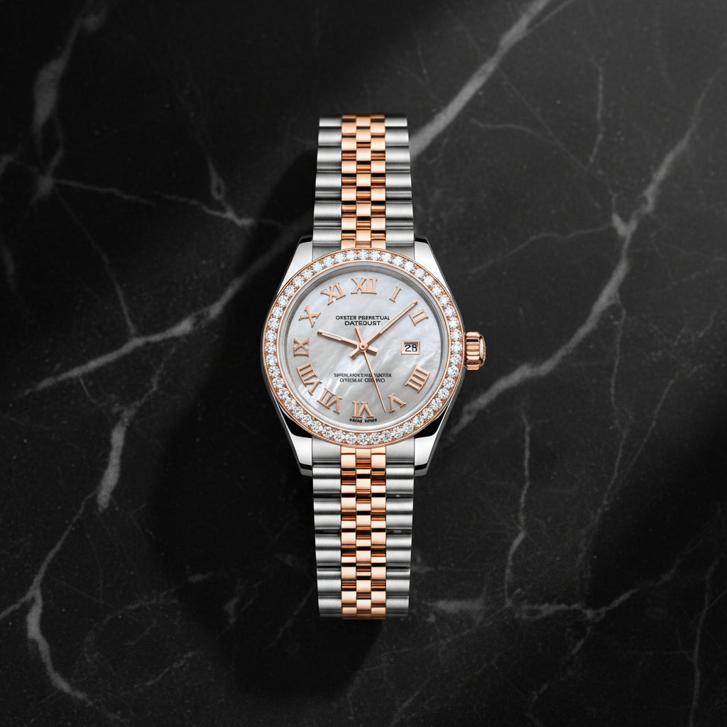 women's Day-Date watch with a two-tone stainless steel and rose gold Oyster bracelet, a white mother-of-pearl dial with Roman numerals, and a bezel set with clear crystals.