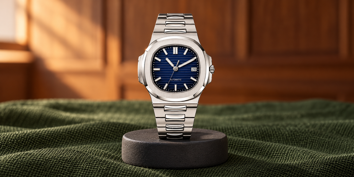 Nautiko Baltic blue automatic watch on a charcoal ceramic support against warm wood and olive fabric