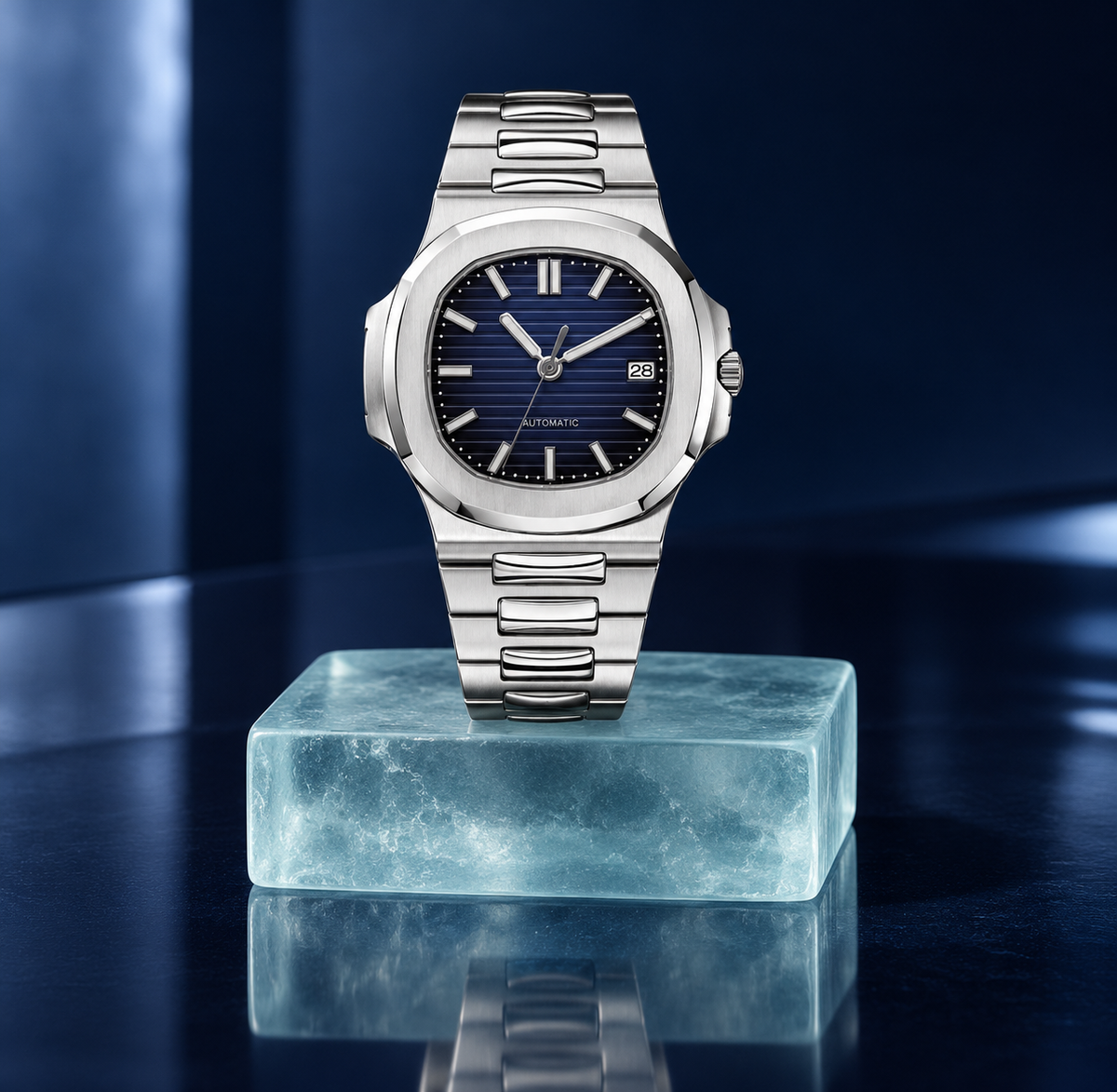 Nautiko Baltic blue automatic watch on a translucent sea-glass support against navy lacquer