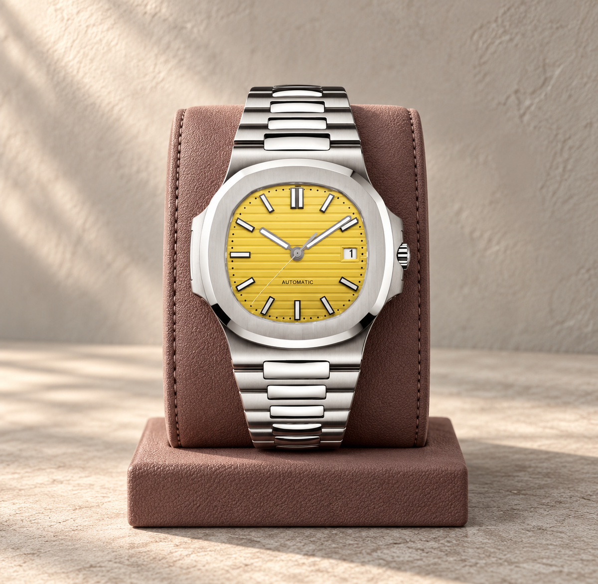Nautiko Sahara yellow-dial watch on a dusty-mauve leather display support against pale plaster