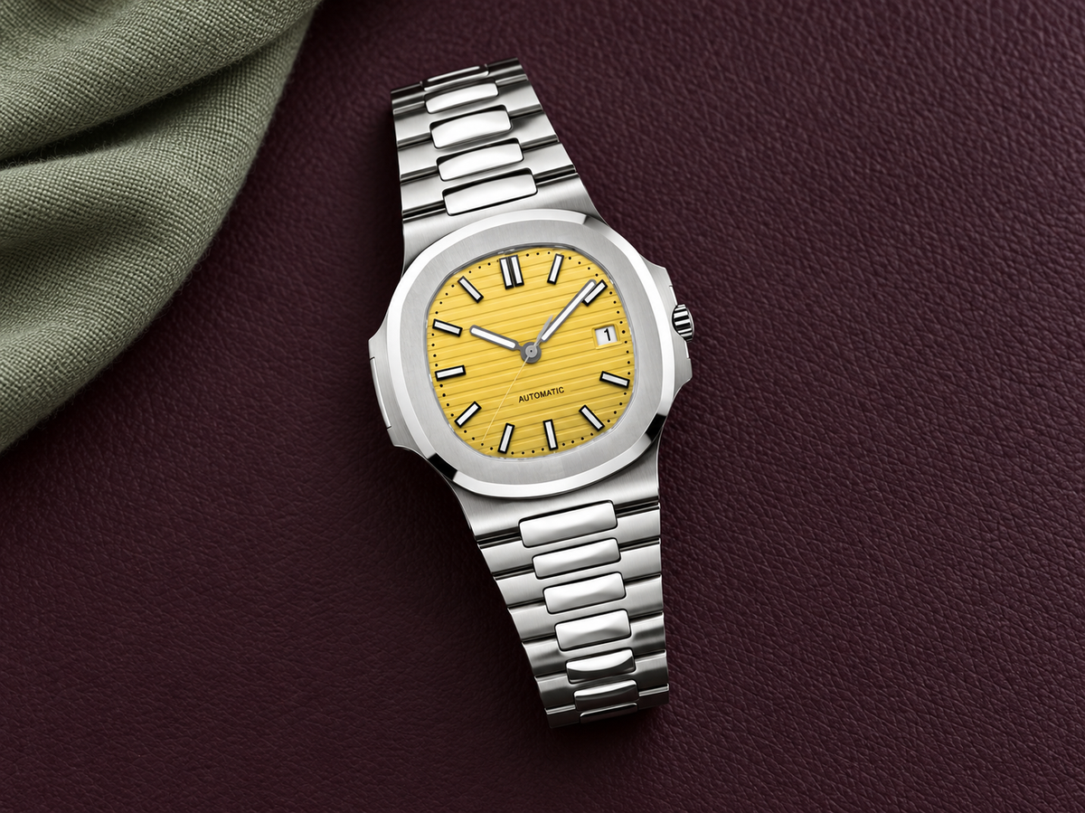 Nautiko Sahara yellow-dial watch laid diagonally on plum leather with sage cloth