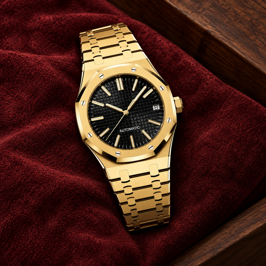 Gold and black Royal Sportline watch on burgundy suede