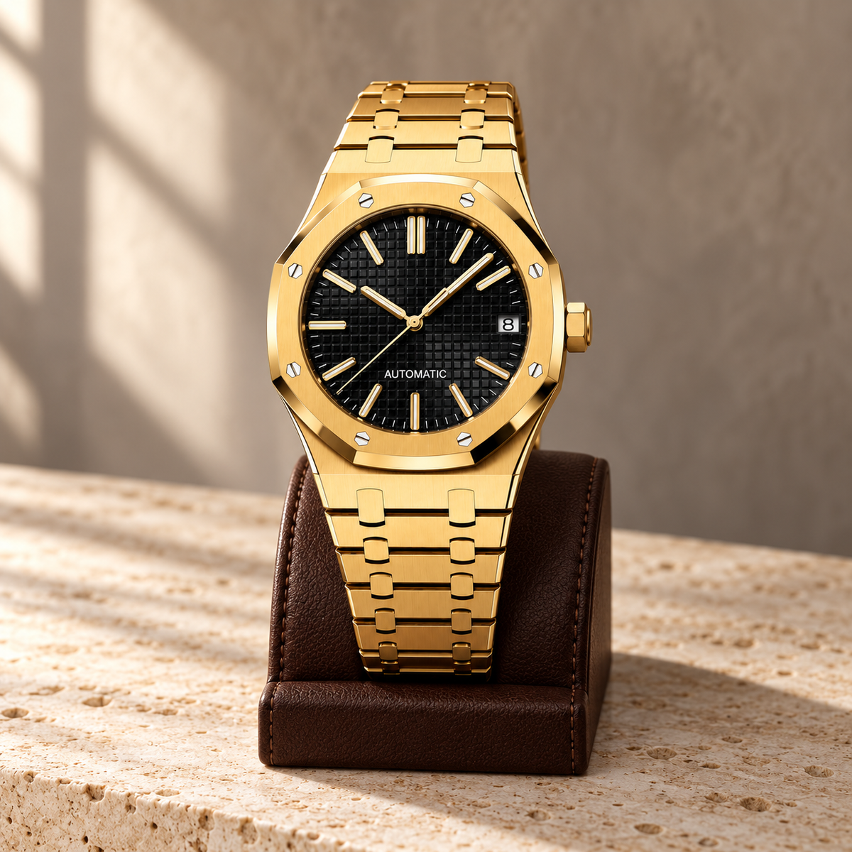 Gold and black Royal Sportline watch on a leather stand over travertine