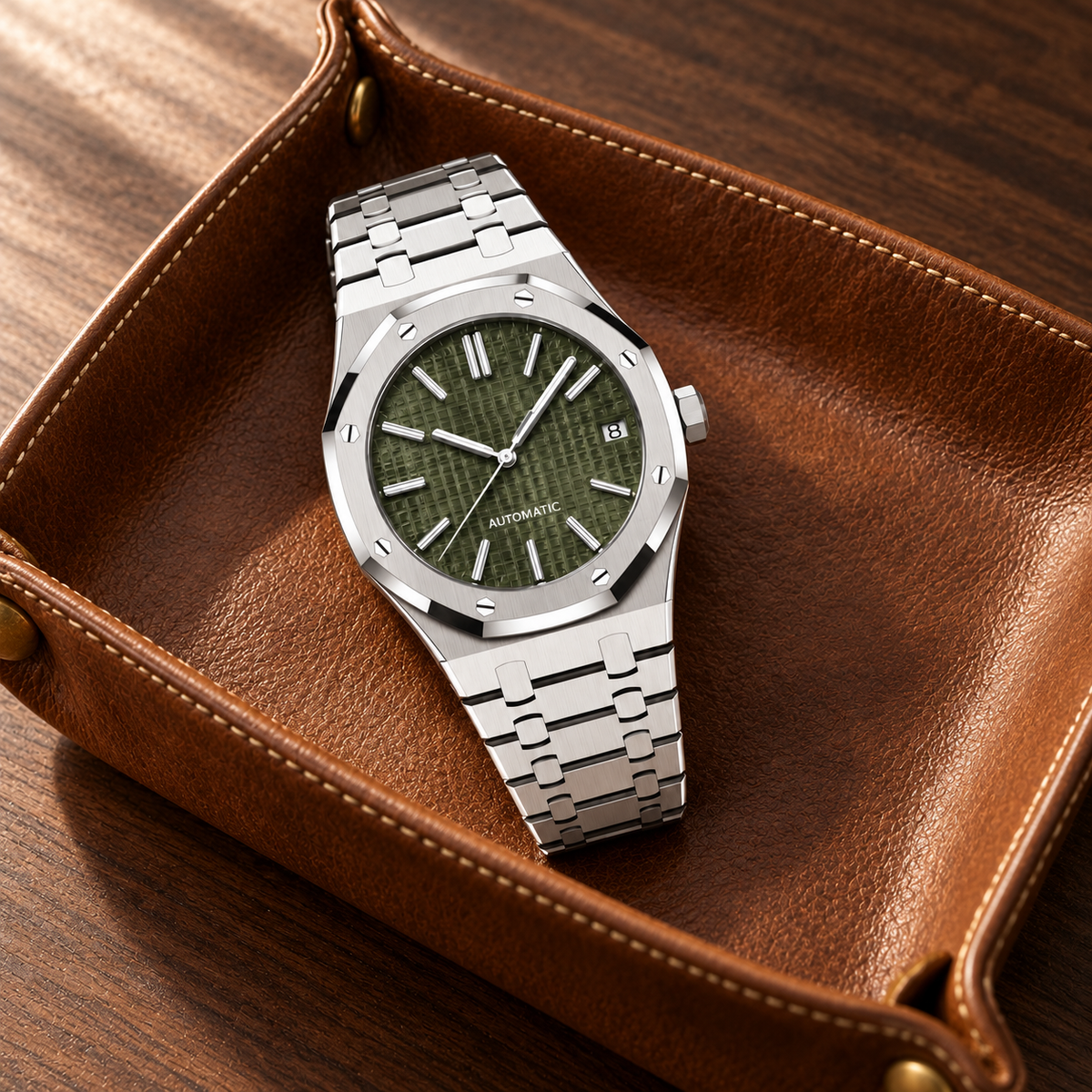 Royal Sportline Olive watch resting in a cognac leather tray