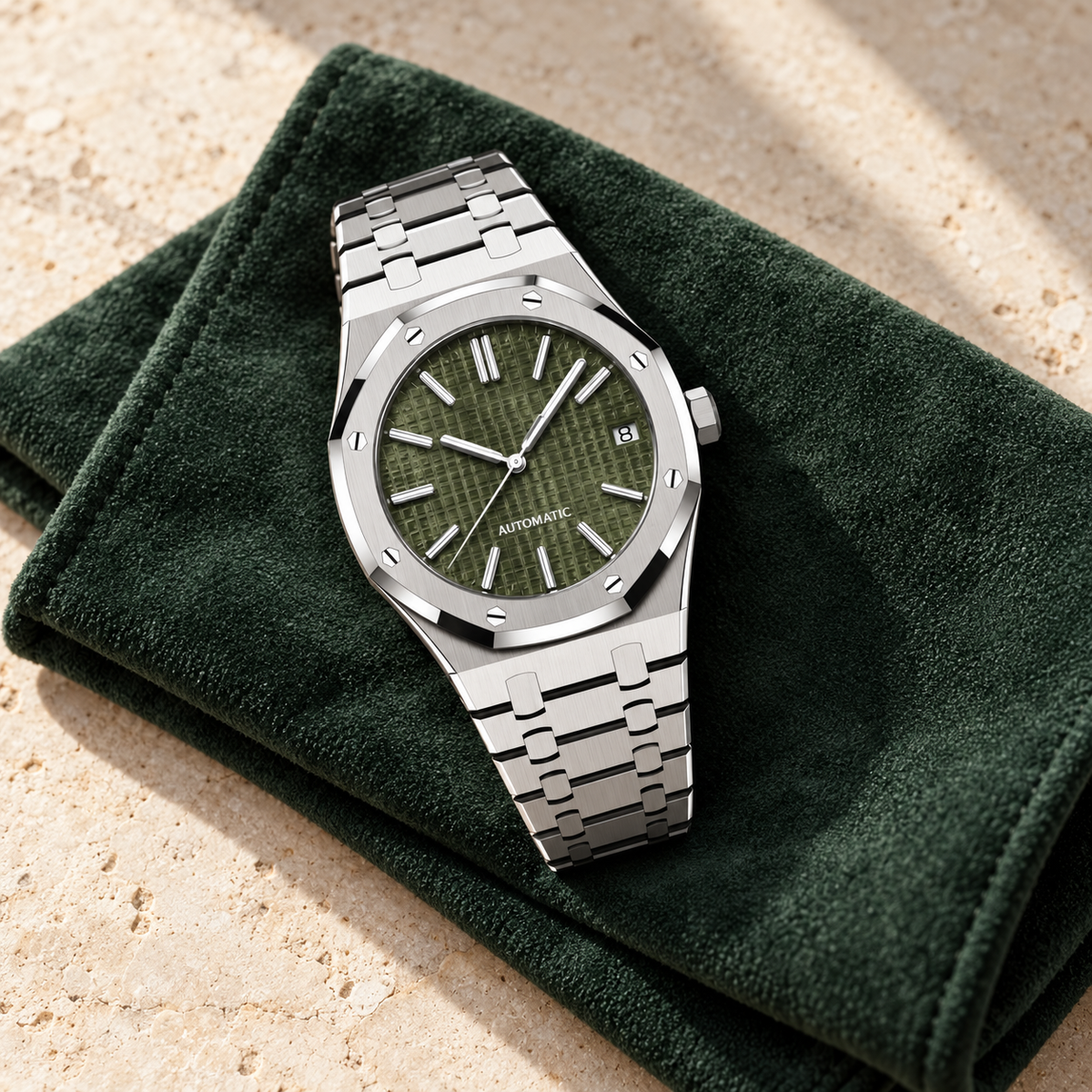 Royal Sportline Olive watch on forest-green suede and limestone