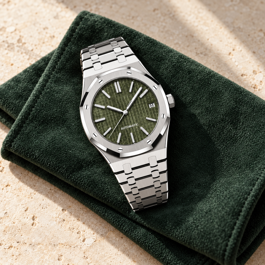 Royal Sportline Olive watch on forest-green suede and limestone