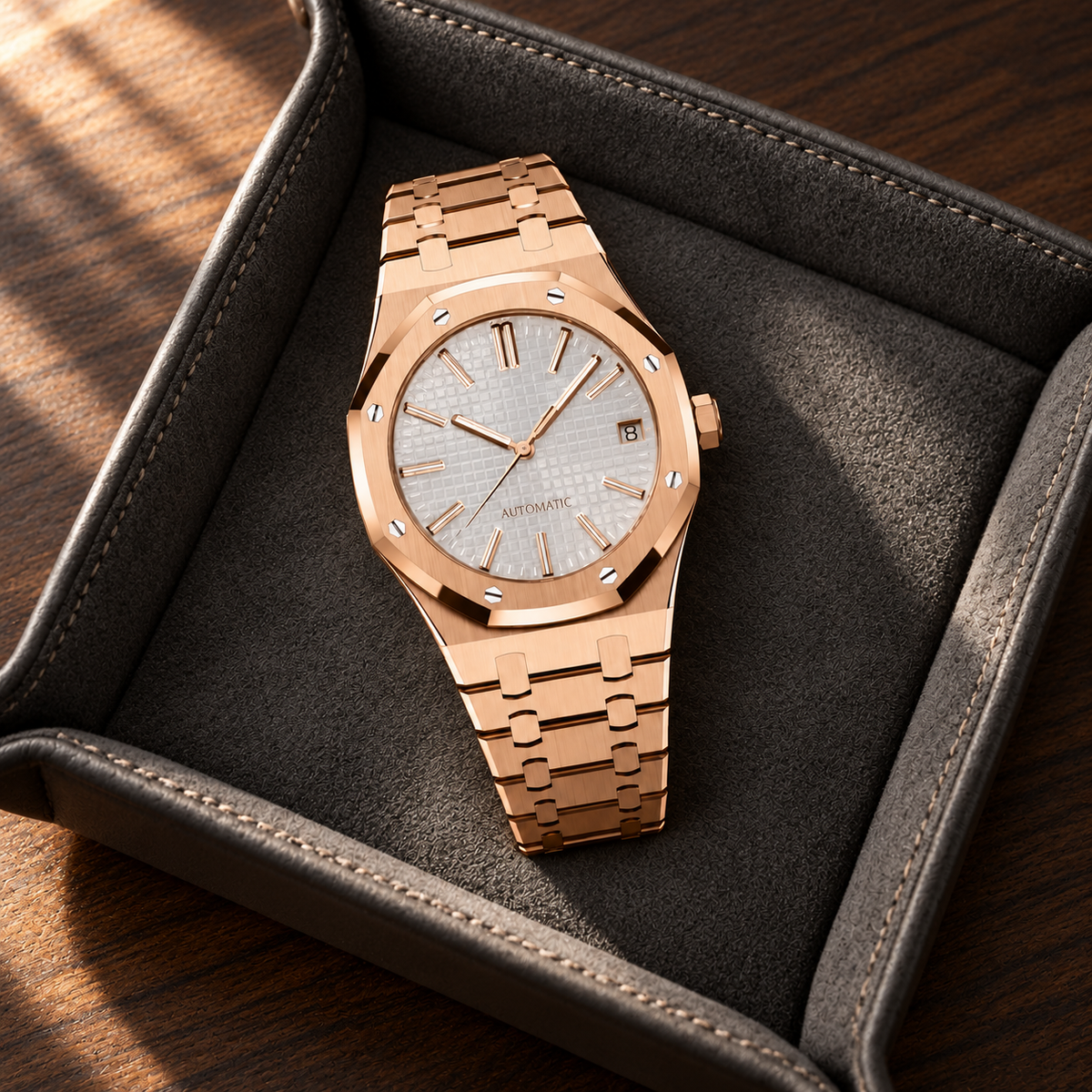 Rose gold and white Royal Sportline watch in a charcoal leather tray