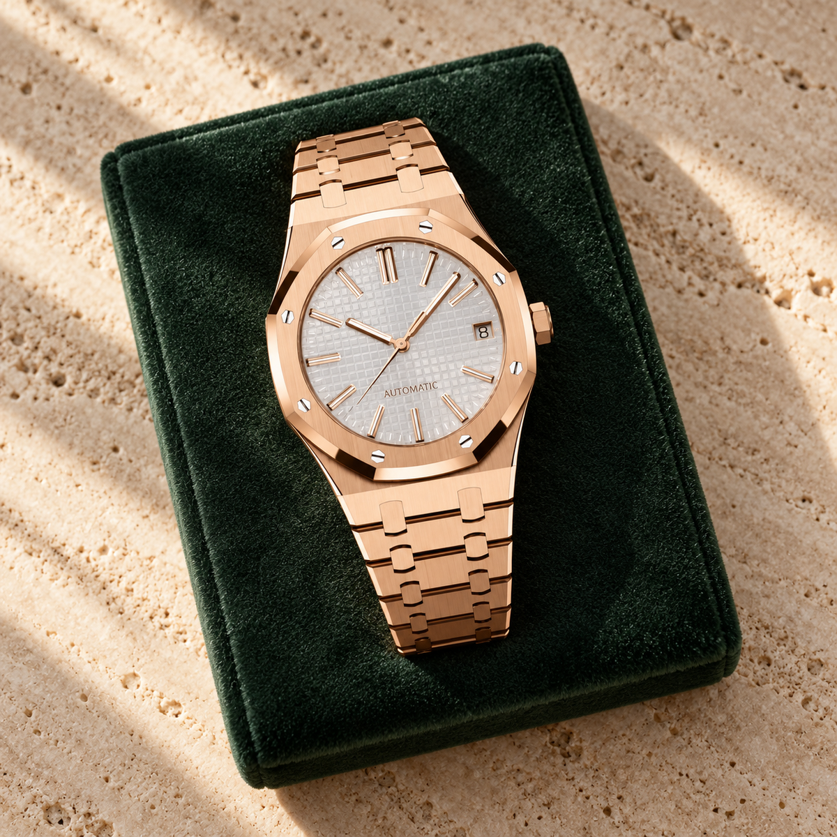 Rose gold and white Royal Sportline watch on forest-green suede