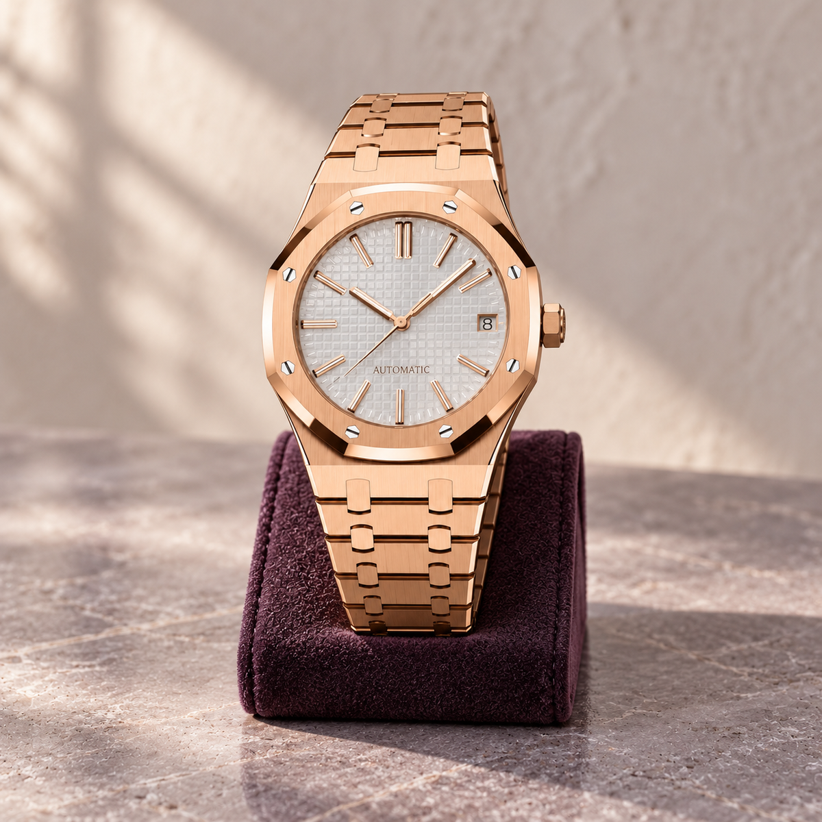 Rose gold and white Royal Sportline watch on a plum display cushion